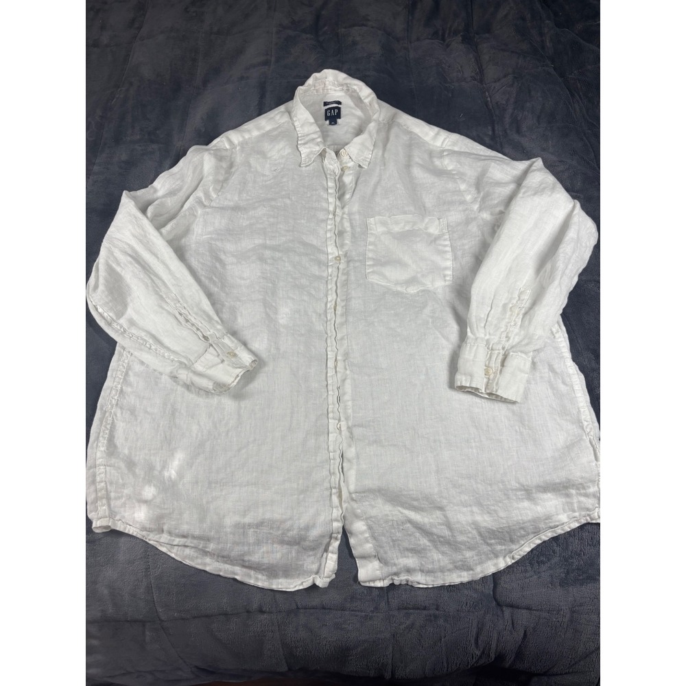 Gap Mens XL White 100% Linen Boyfriend Shirt Long Sleeve Button Down Relaxed Fit